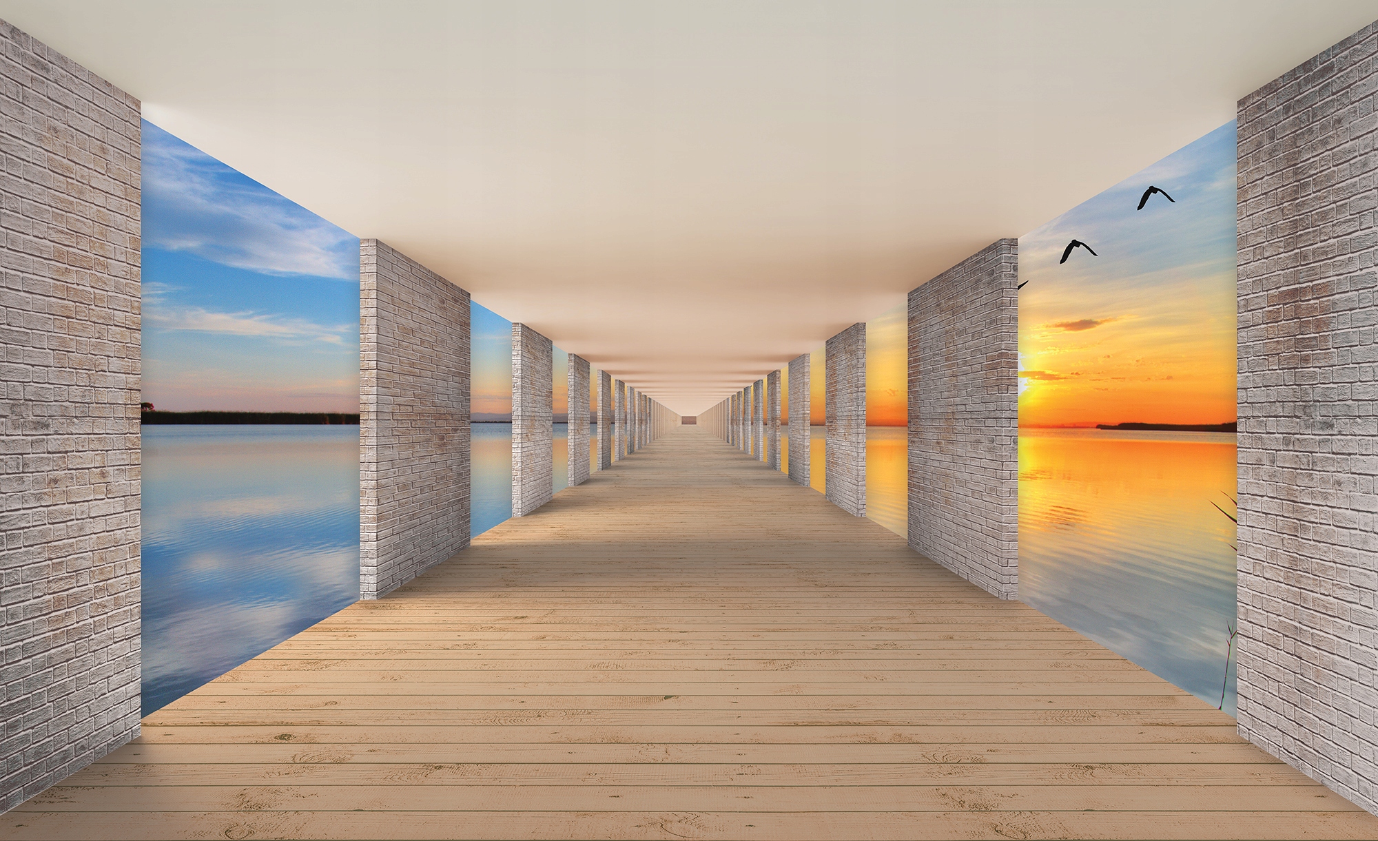 Fototapeta vlies Západ slnka Jazero Vtáky Perspektíva 416x254 lepidlo