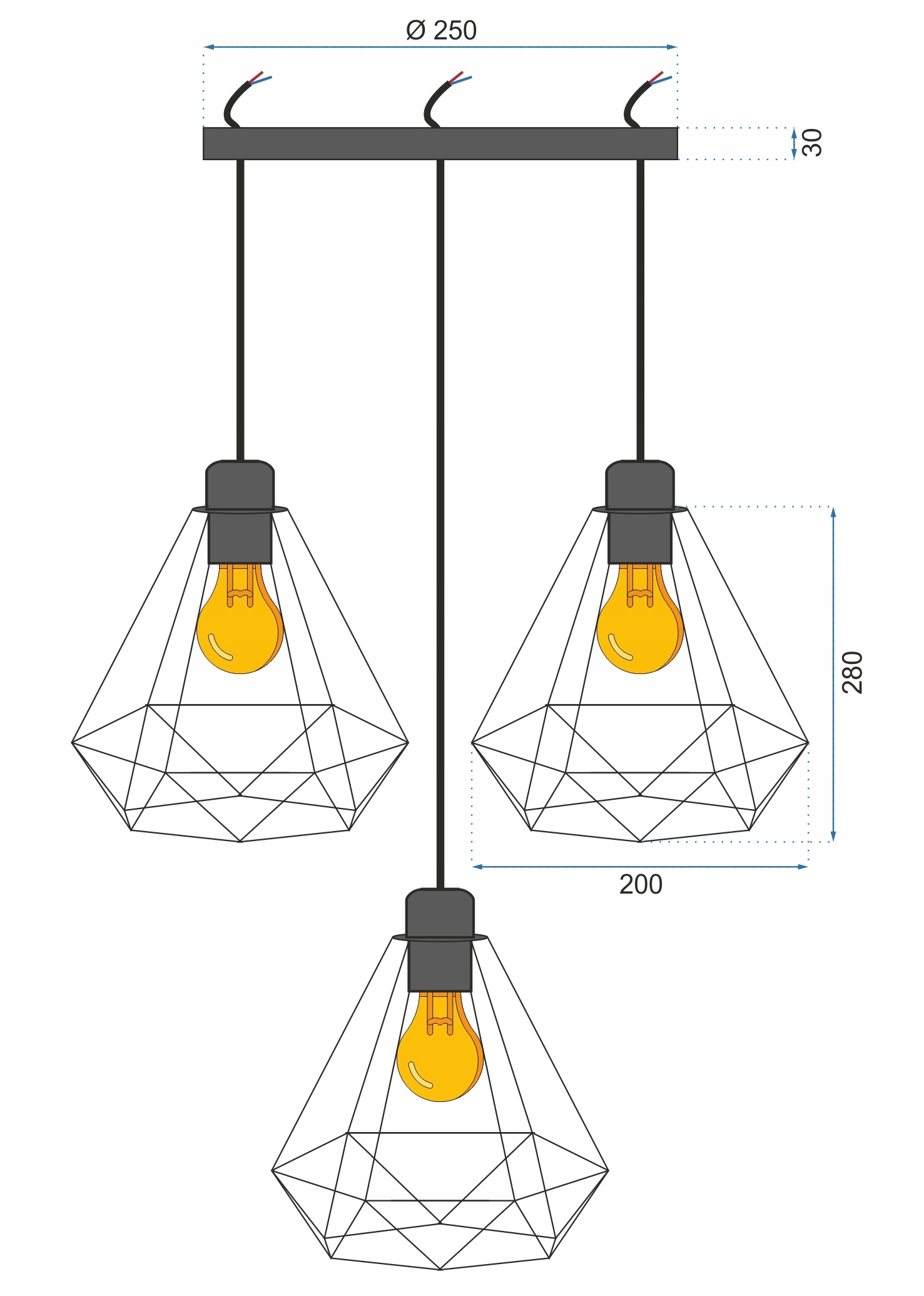 LAMPA SUFITOWA WISZĄCA W STYLU LOFT RENO 3x E27 LE Głębokość produktu 20 cm