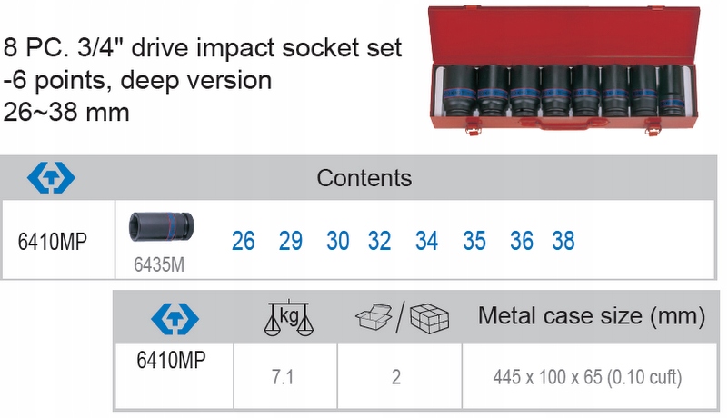 Набор ударных колпачков длиной 3/4 26-38 KING TONY