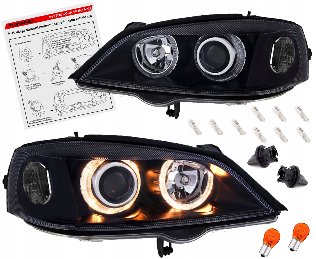 Opel Astra G II 97-09 Lampy světlomety Black Ringi H7, místo Xenon, Depo