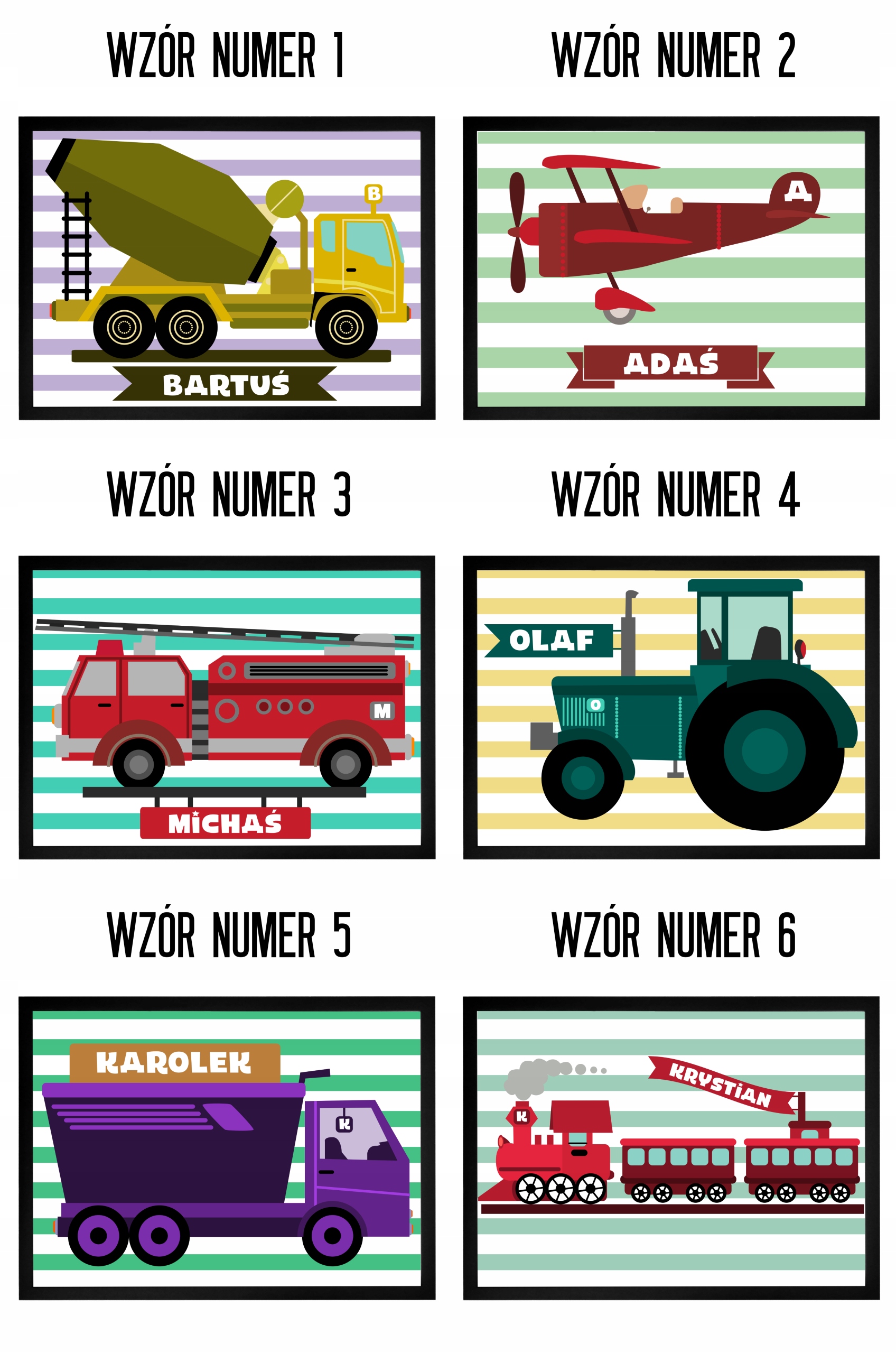 PLAKAT A3 POJAZDY PREZENT DLA DZIECKA W RAMCE IMIĘ Płeć chłopcy