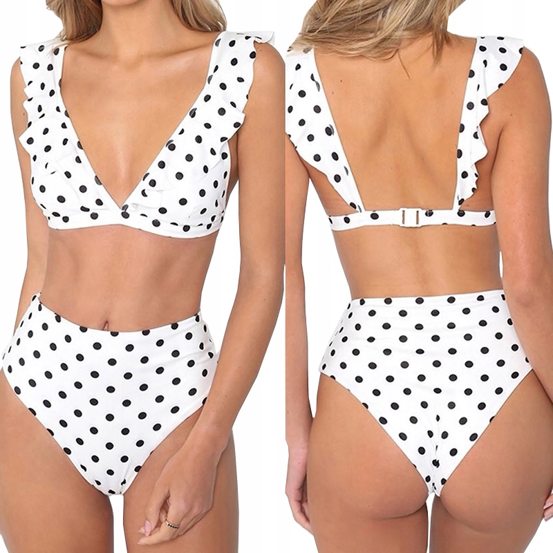 BIKINI WYSOKI STAN DWUCZĘŚCIOWY STRÓJ KĄPIELOWY W KROPKI KOSTIUM BOHO L