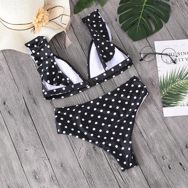 BIKINI WYSOKI STAN DWUCZĘŚCIOWY STRÓJ KĄPIELOWY W KROPKI KOSTIUM BOHO L Cechy dodatkowe gładkie miseczki