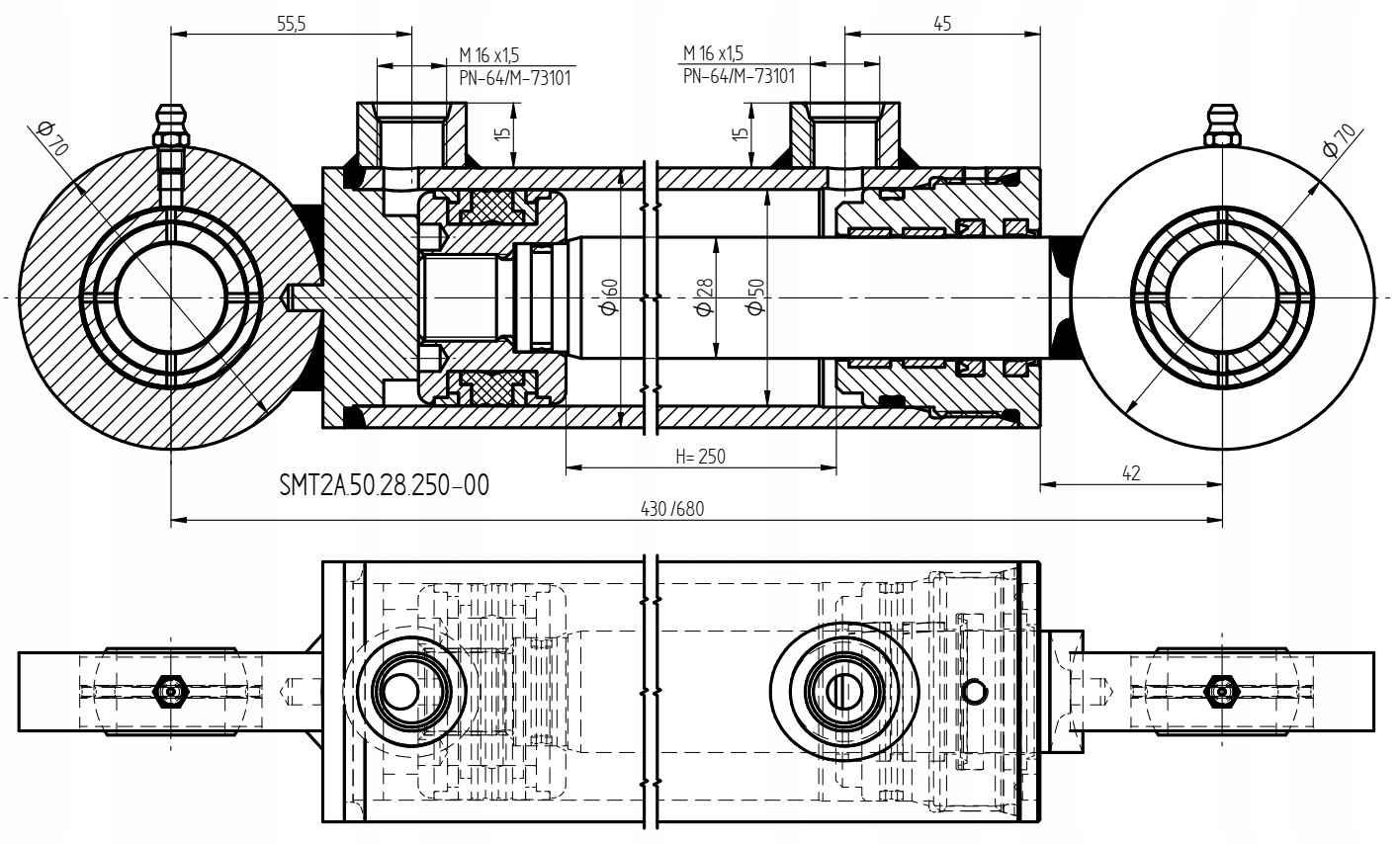 SIŁOWNIK HYDRAULICZNY SKOK SMT2A 250 MM Marka maszyny Atlas Bobcat Bomag Case Caterpillar Doosan Fadroma Hitachi Hyundai JCB John Deere Komatsu Kubota Liebherr New Holland O&K Terex Volvo Wacker Yanmar Zeppelin Inna