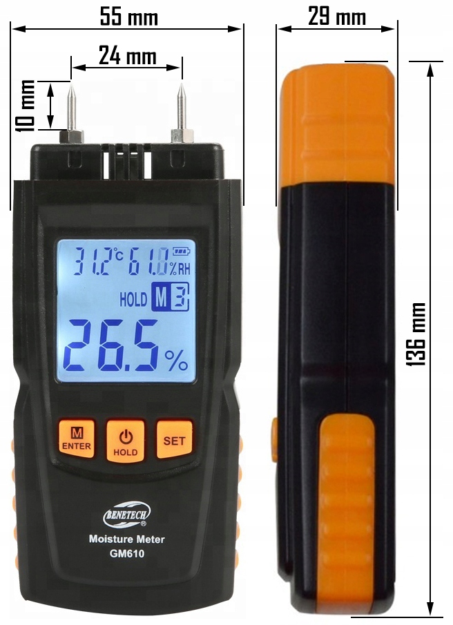 Wilgotnościomierz miernik wilgotności drewna GM610 Rodzaj termohigrometr