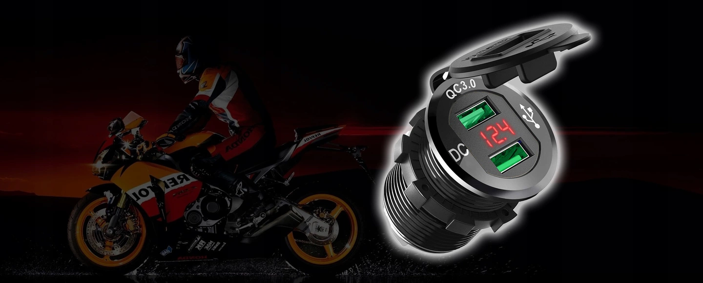 LADOWARKA MOTOCYKLOWA 2x USB QC3 0 WOLTOMIERZ 3A C EAN 0088855482882