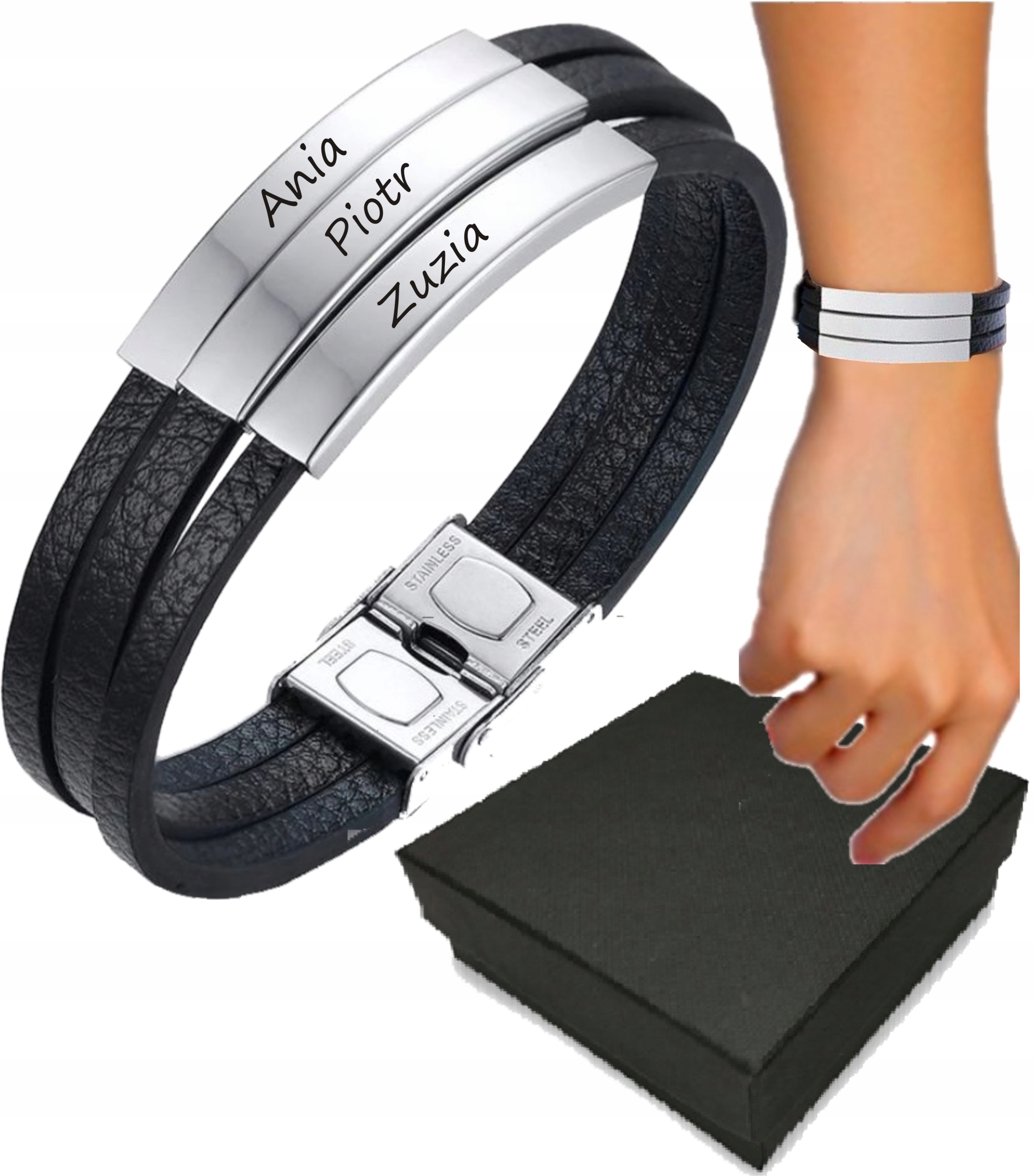 

Potrójna Skórzana bransoletka Imiona Dzieci grawer