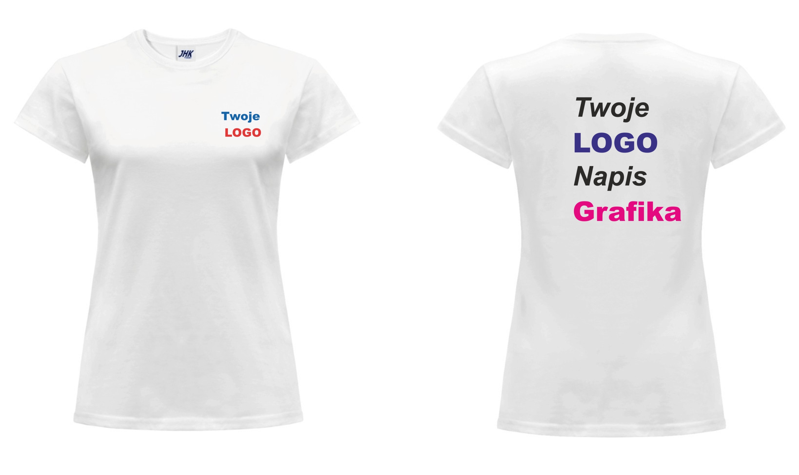 Koszulka damska 2 x TWOJE logo przód+tył BIAŁA FV