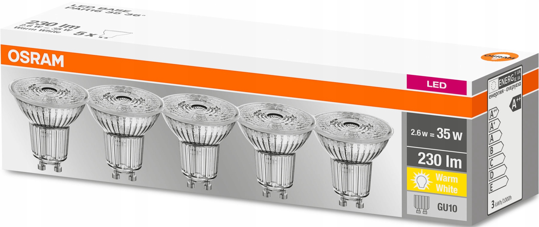 

5x Żarówka Led GU10 2,3W=35W 2700K 36D Base Osram