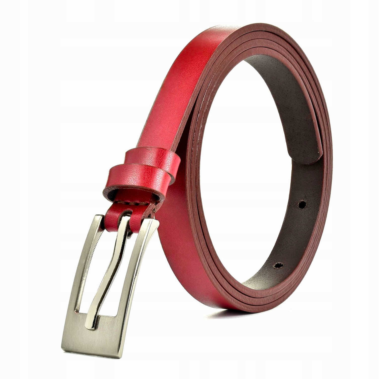 

Czerwony Skórzany Wąski Damski Pasek Długa Klamra