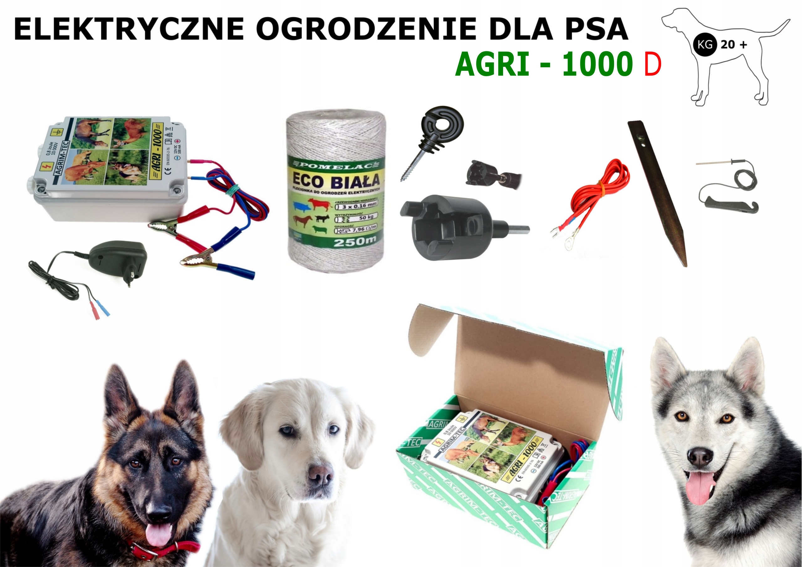 Kompletny zestaw ogrodzenia elektr dla psa 20kg+