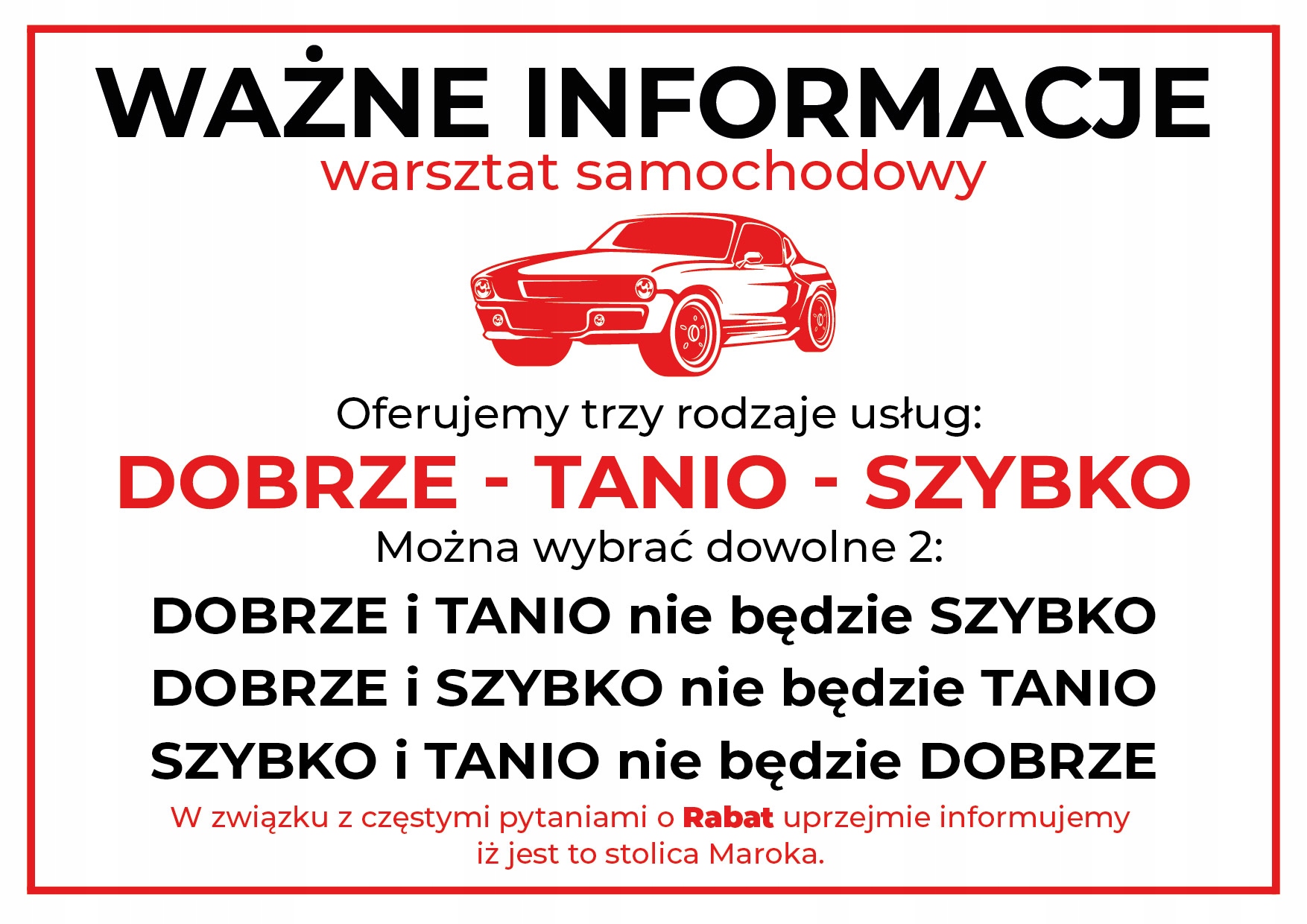 

Ważne Informacje A4 laminowany mechanik warsztat