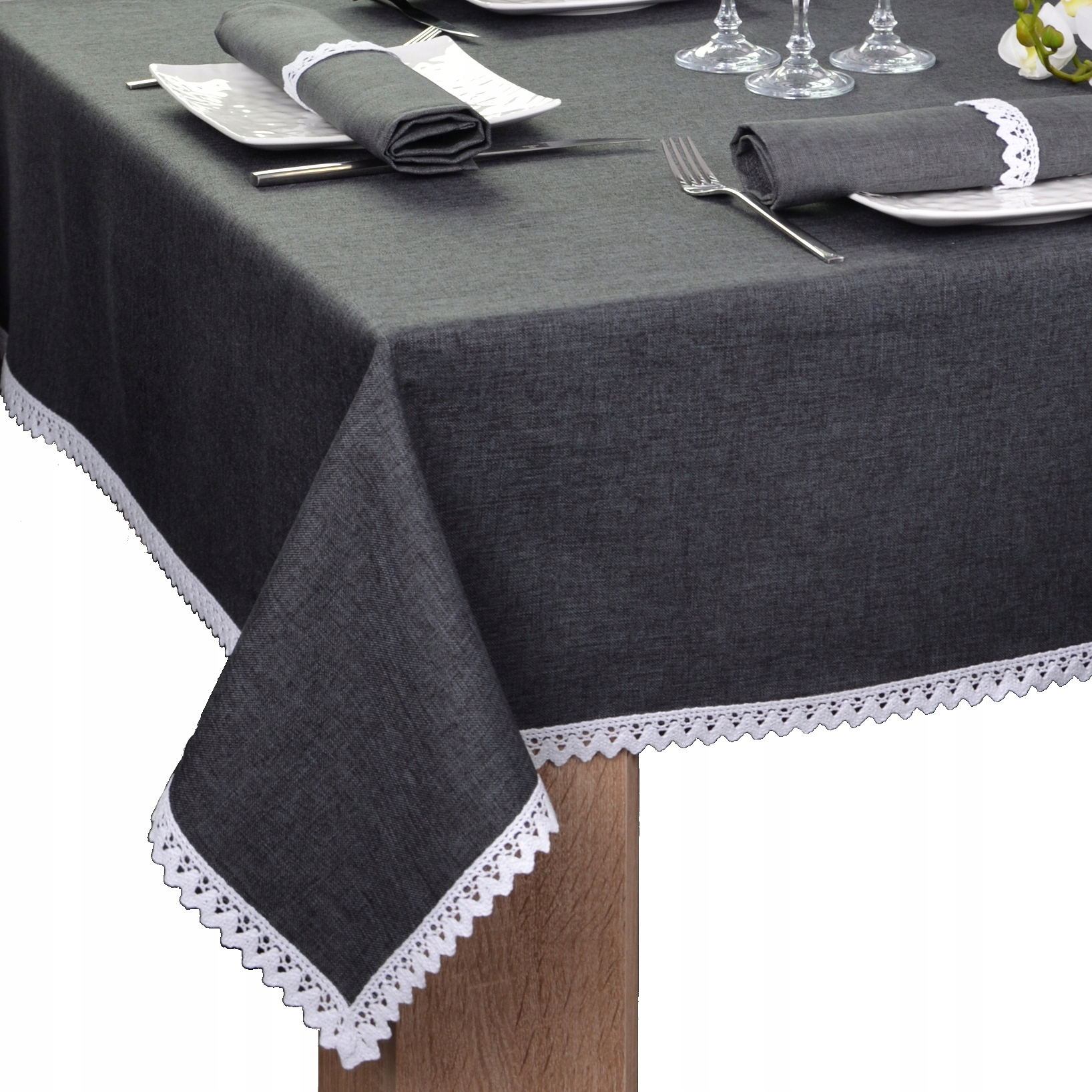 plamoodporny obrus z koronką Malaga 220x140 grafit