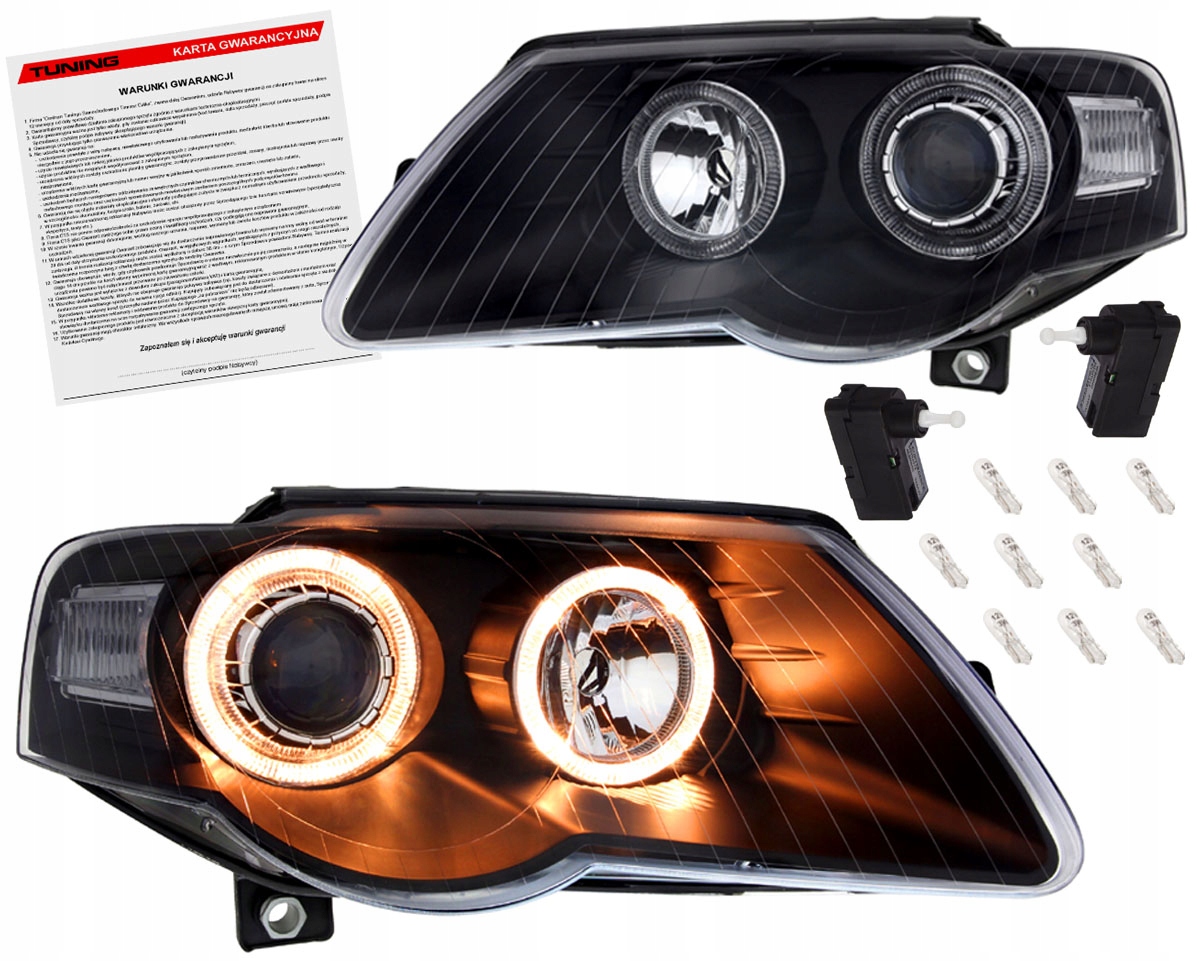 Passat B6 3C 05-10 Lampy přední světlomety Black kroužky H7 projektory