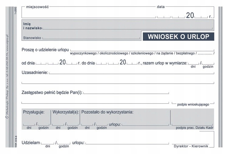 

Wniosek O Urlop 15-5 Druki Bloczek 40