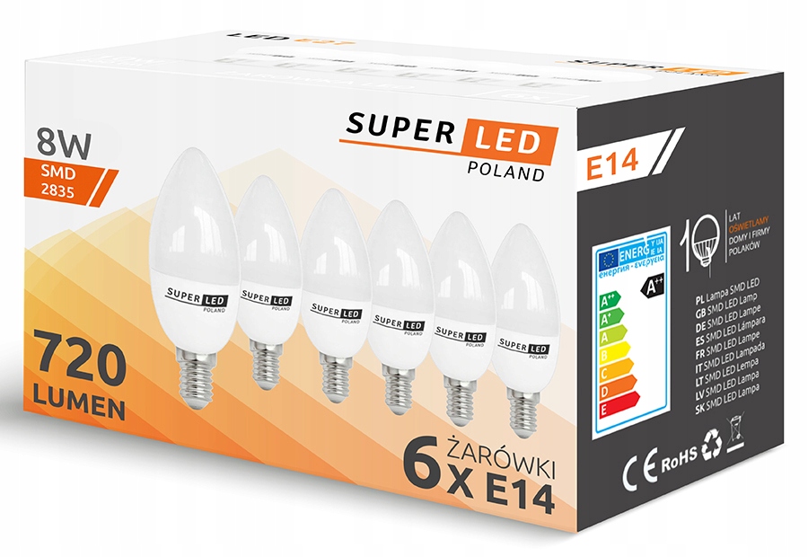 

6x Żarówka Led E14 8W SuperLED 720lm 70W świeczka