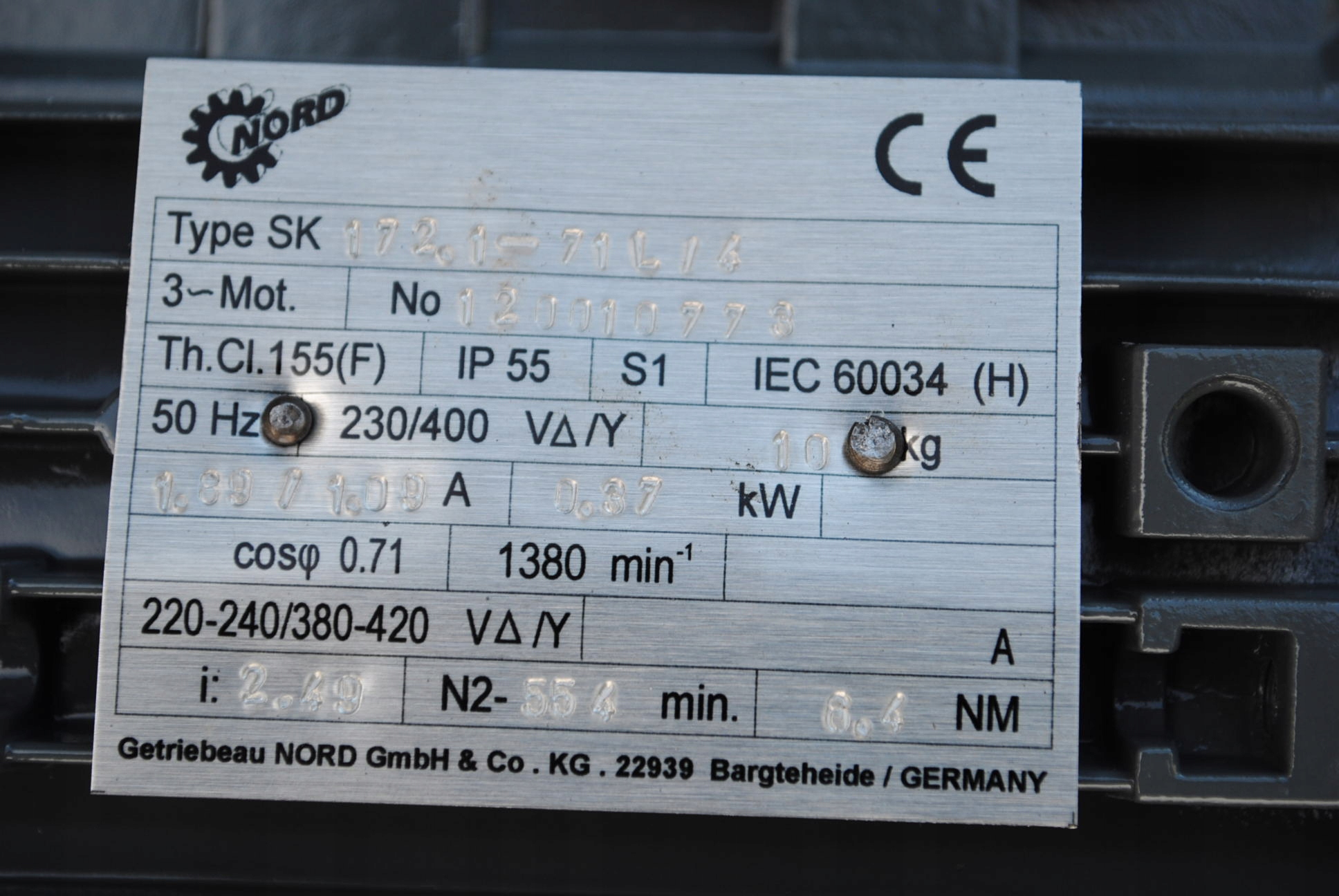Motoreduktor 0.37kw. 554obr./min. Firmy NORD Marka Nord