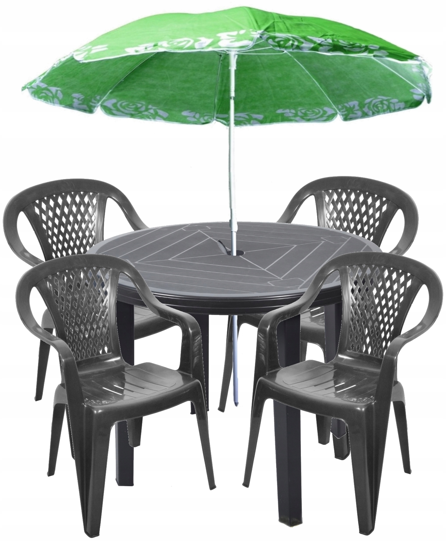 

Grafitowy Zestaw 4+1 Krzesła Stół +parasol Plastik