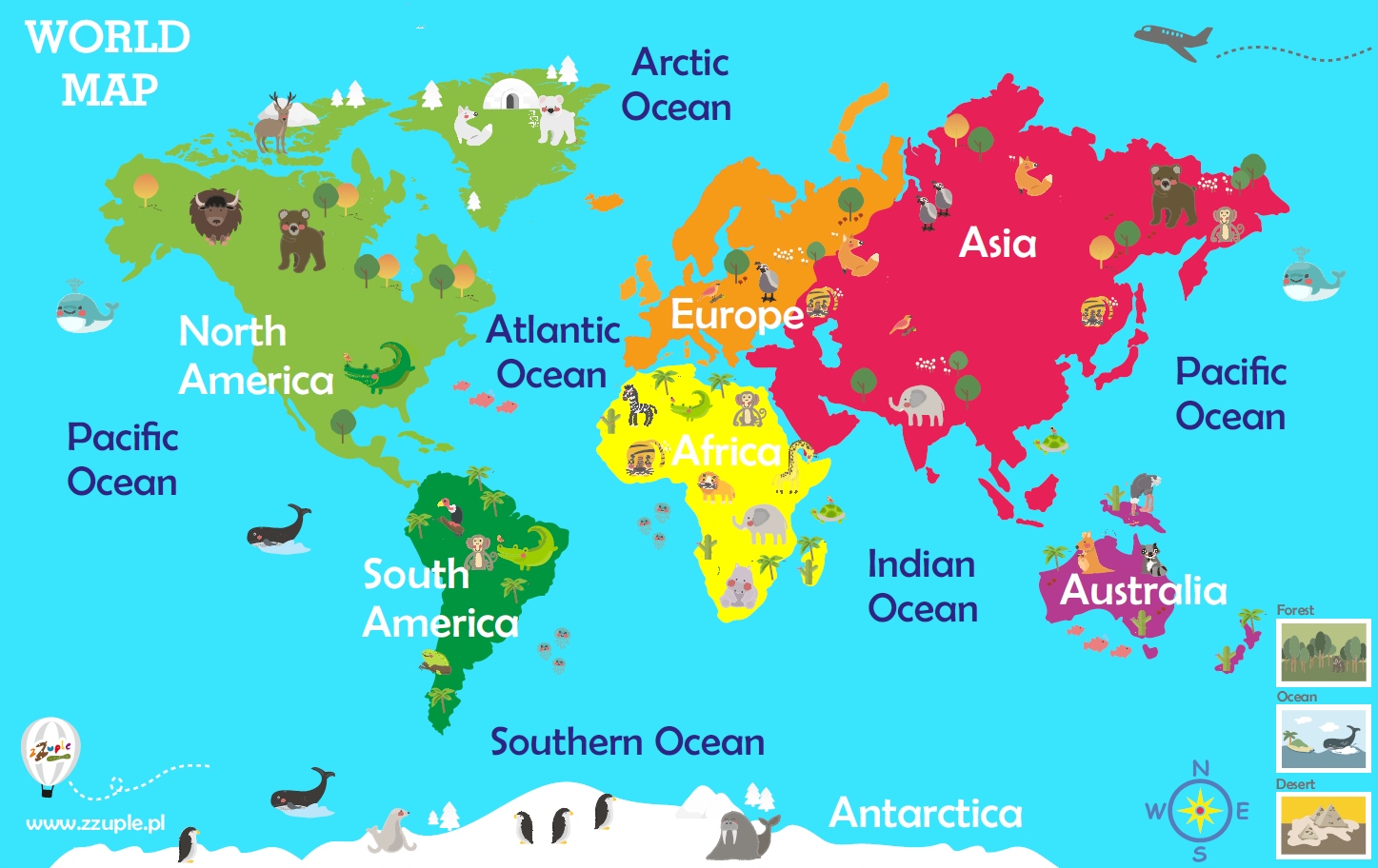 World Map S. Animals. Mata dla dzieci. Montessori
