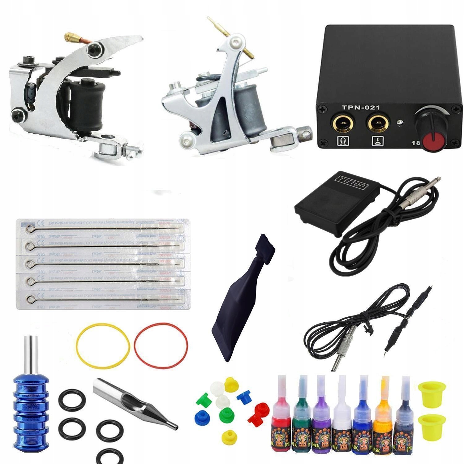 Sada Pro Tetování: 2 Strojky, Napájecí Adaptér, Inkousty