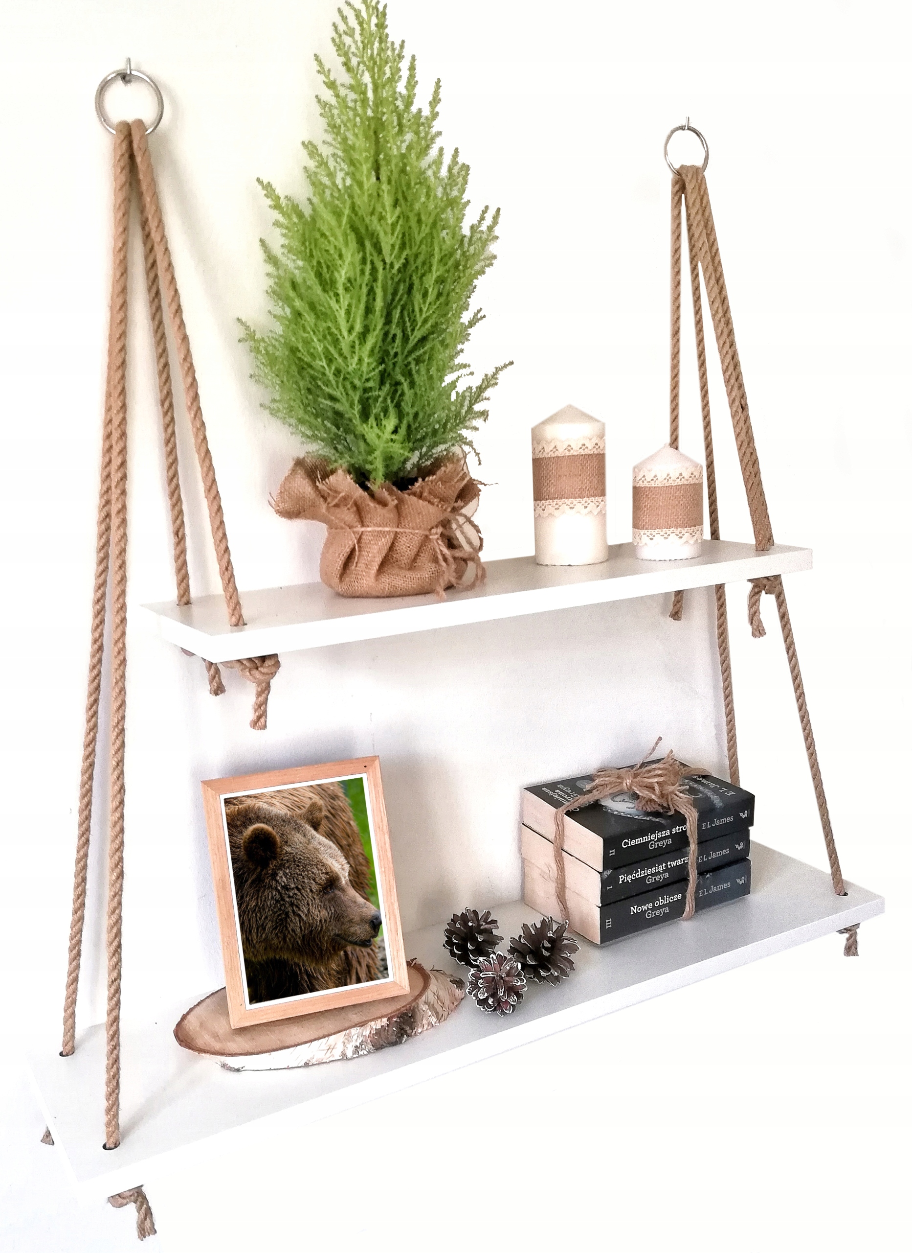 

Wisząca biała półka na sznurkach linach loft