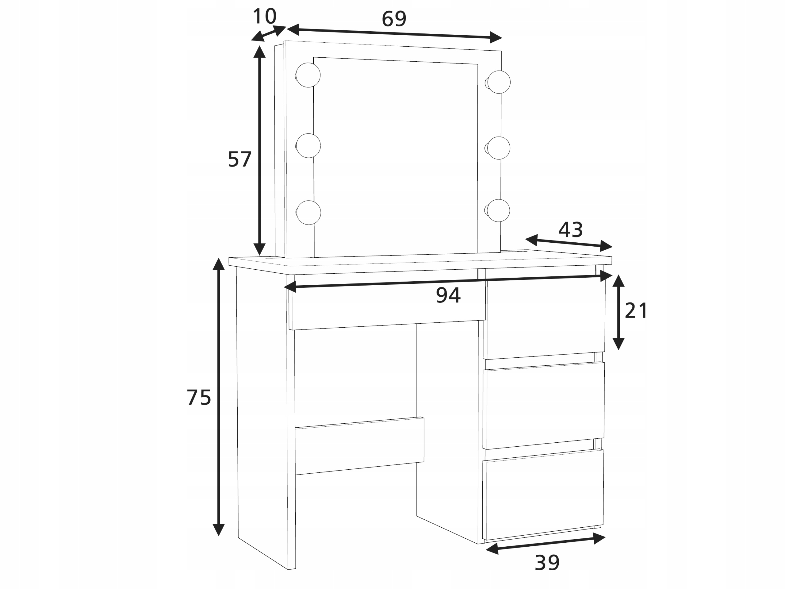TOALETKA KOSMETYCZNA BETA 6 LED SONOMA SZUFLADY Wysokość mebla 75 cm