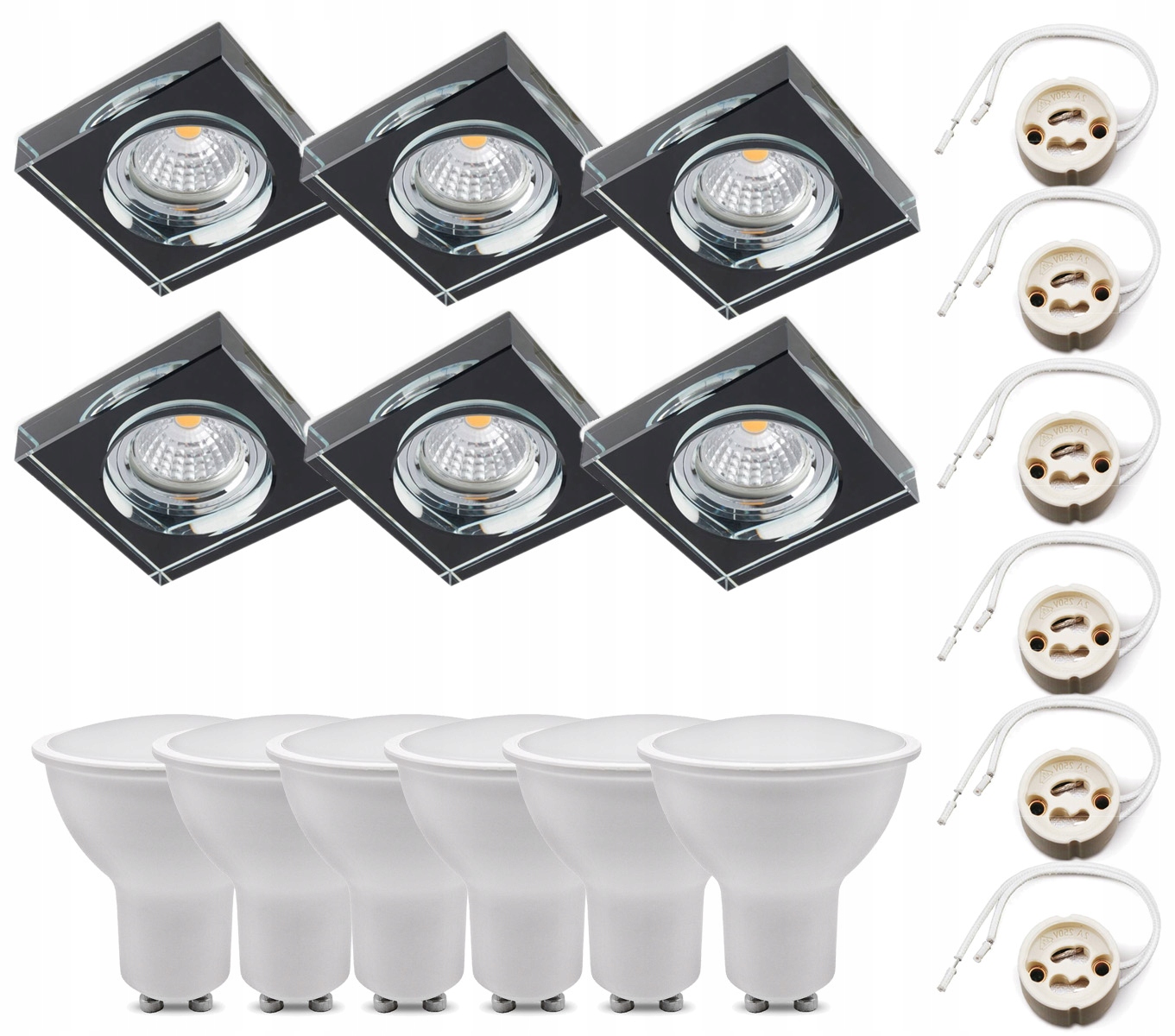 

Zestaw 6x Oczko Halogenowe Szklane Kwadr +led GU10