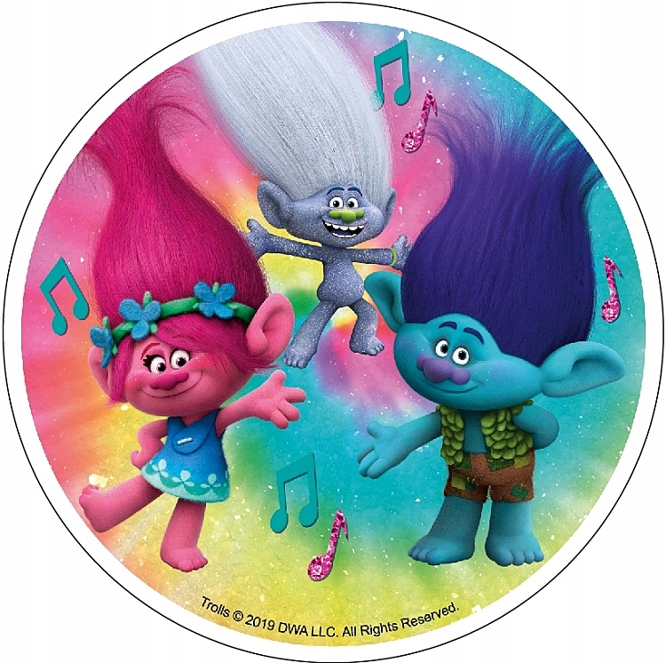 OPŁATEK NA TORT TROLLE TROLLS GRUBY OKRĄGŁY 20CM