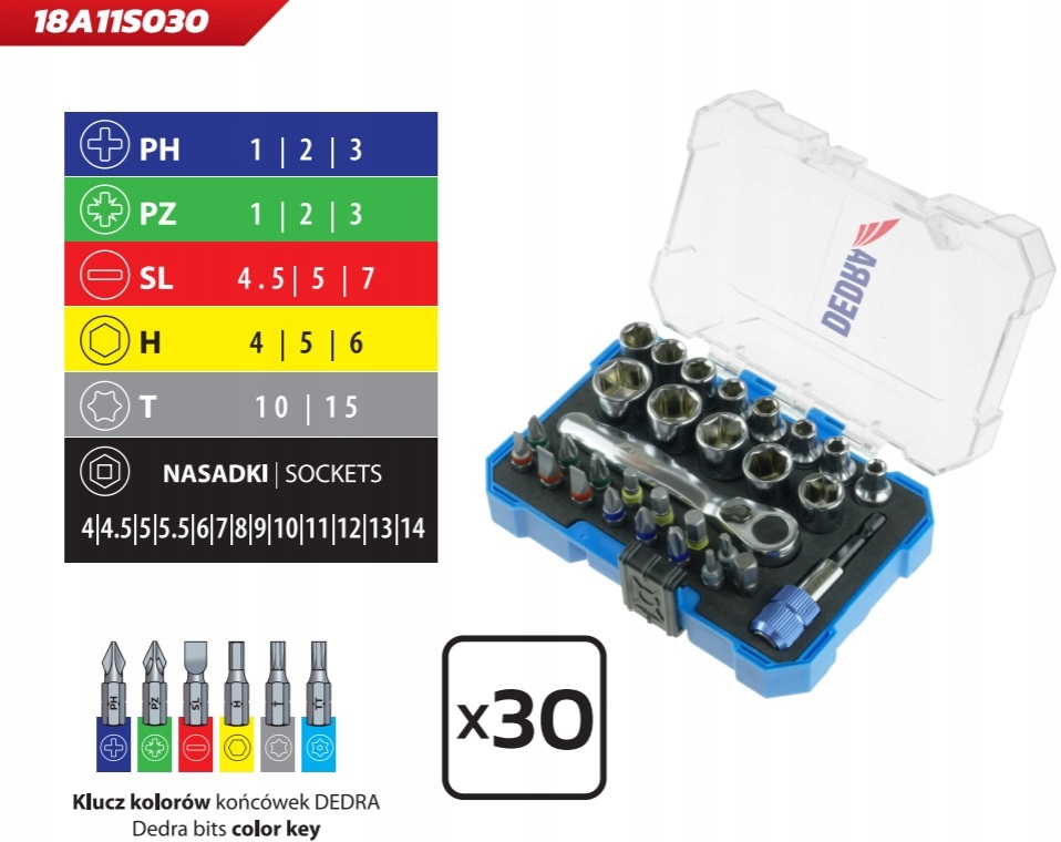 DEDRA Zestaw końcówek wkrętakowych 30 EL. Kod producenta 18A11S030