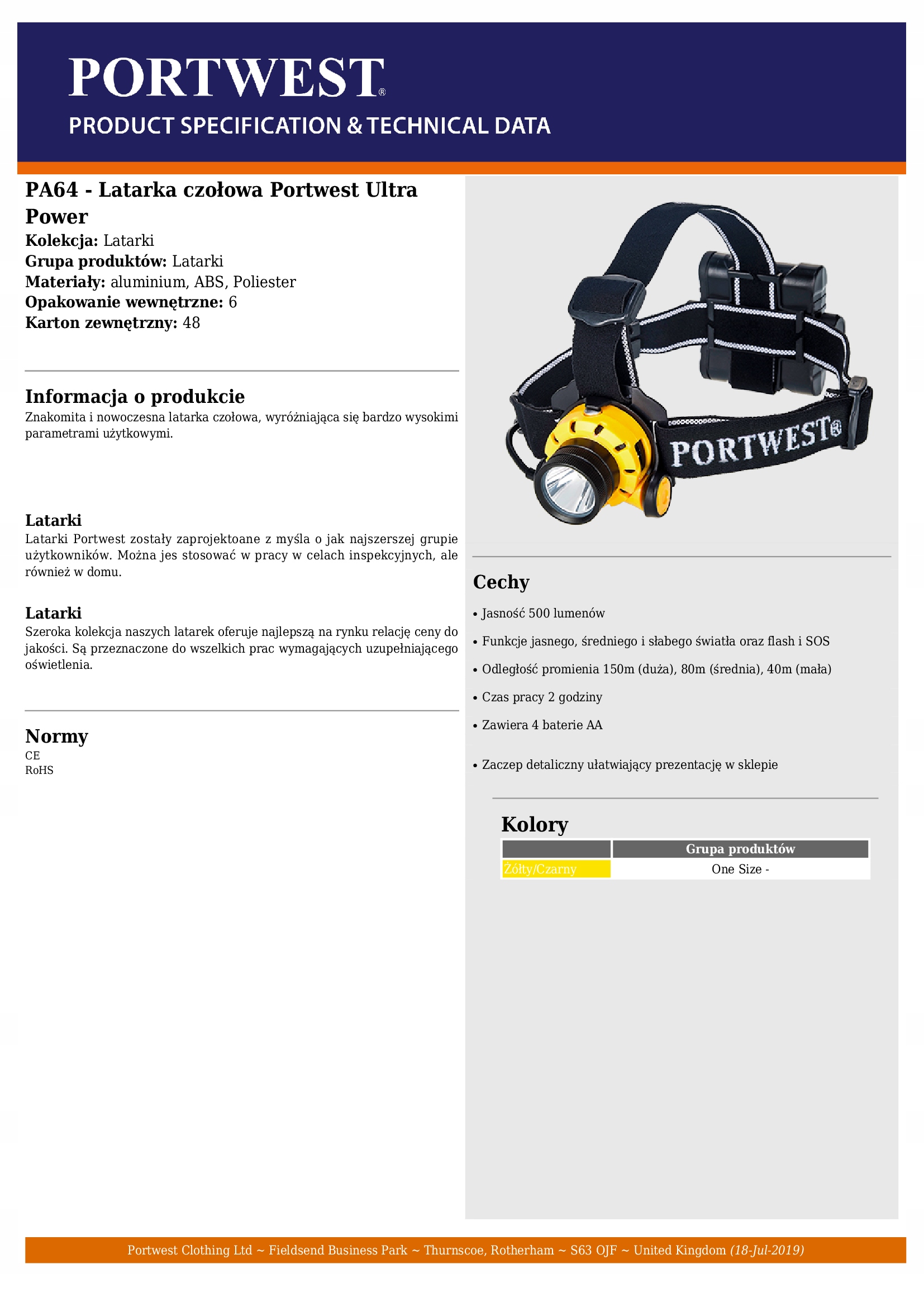 LATARKA CZOLOWA CZOLOWKA PA 64 PORTWEST 500 LM Producent code PA64