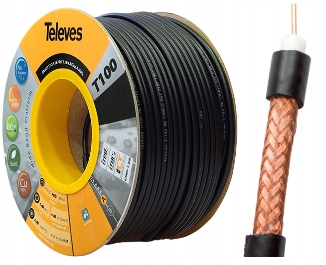 

Kabel Televes RG6 Cu Czarny T100 Pełnomiedziany 1m