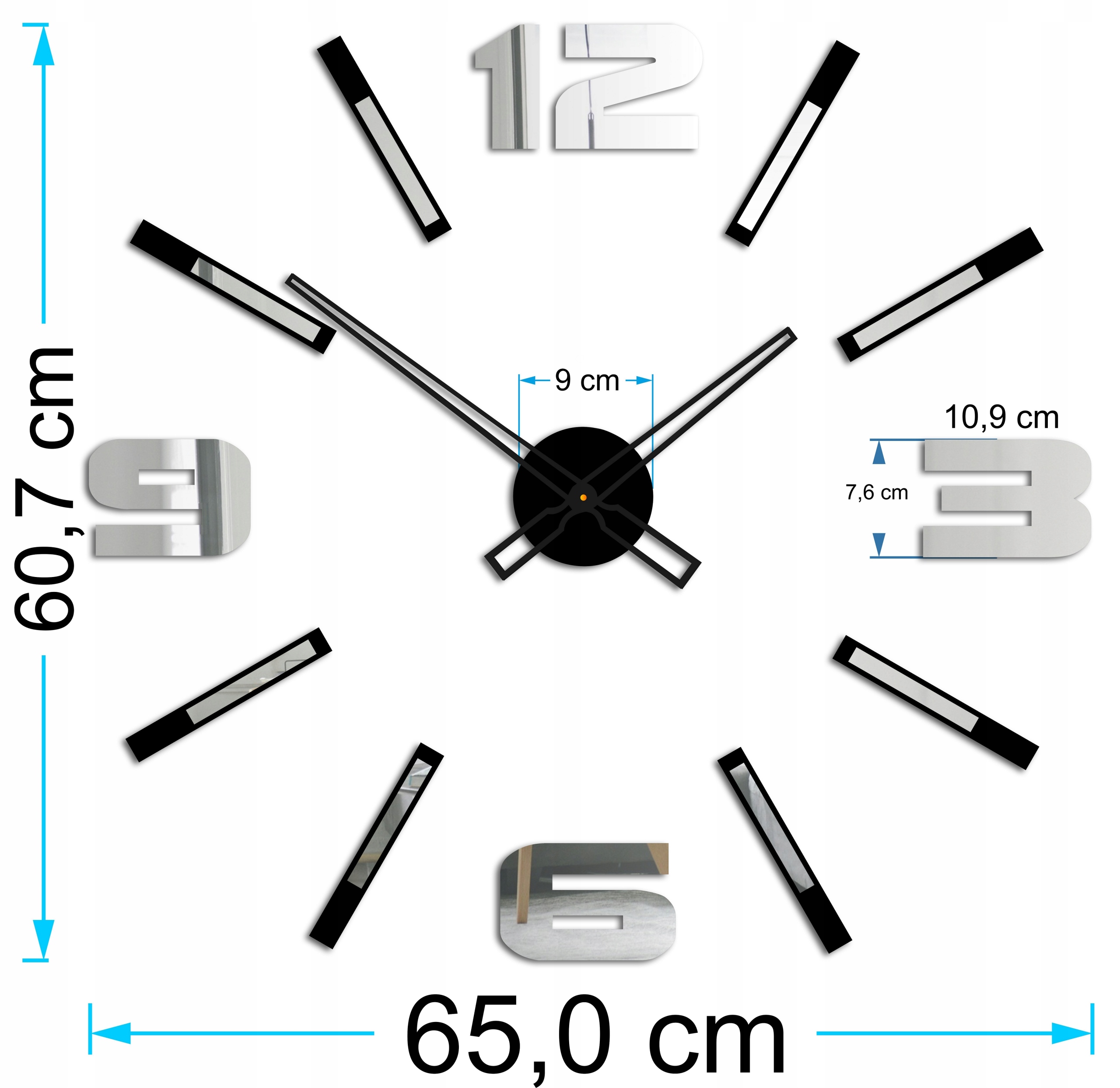 LUSTRZANY ścienny DUŻY zegar na ścianę DIY 3D L Typ ścienny