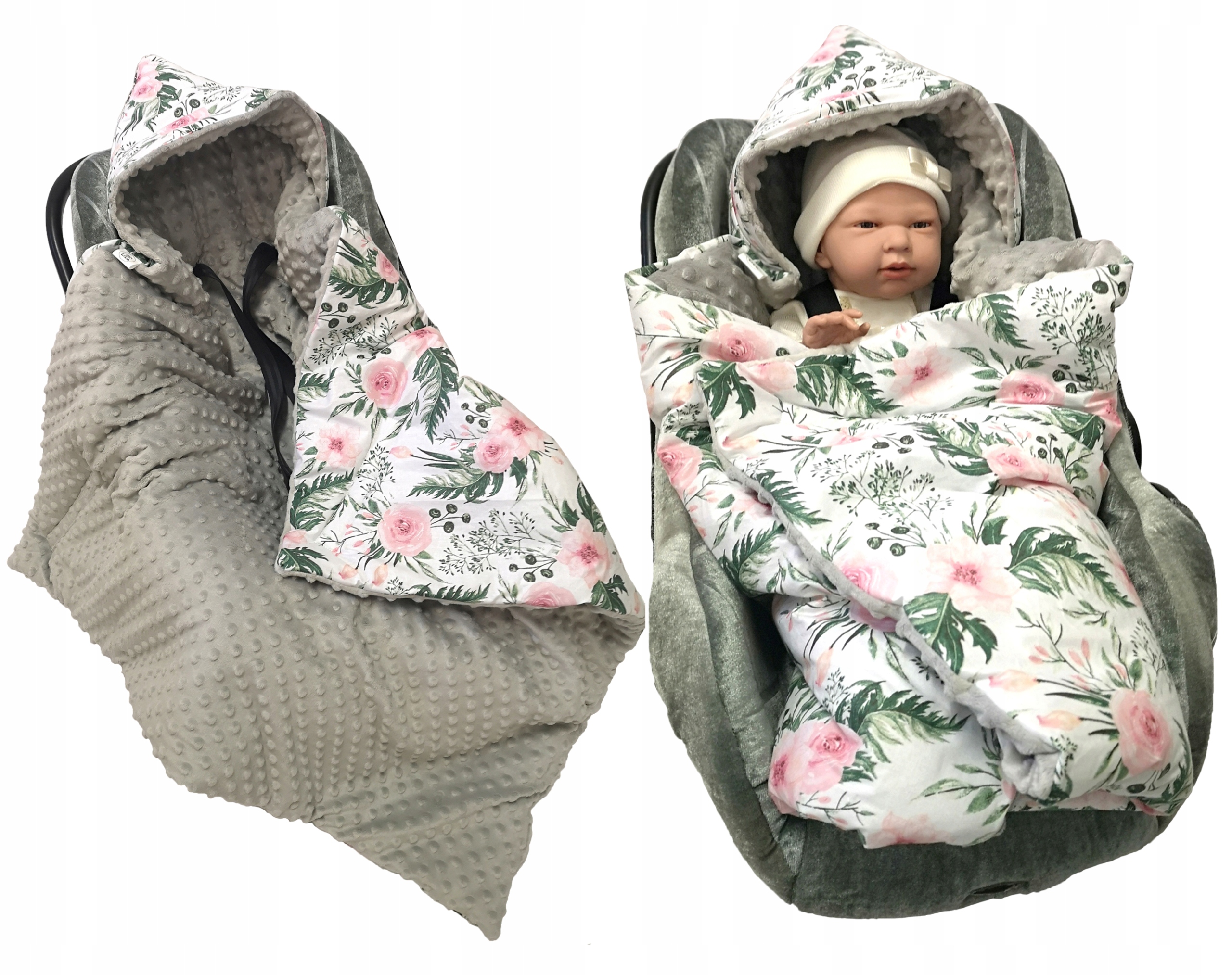 KOCYK MINKY Z KAPTUREM NOSIDEŁKA FOTELIKA OTULACZ z otworami WZORY LiLo