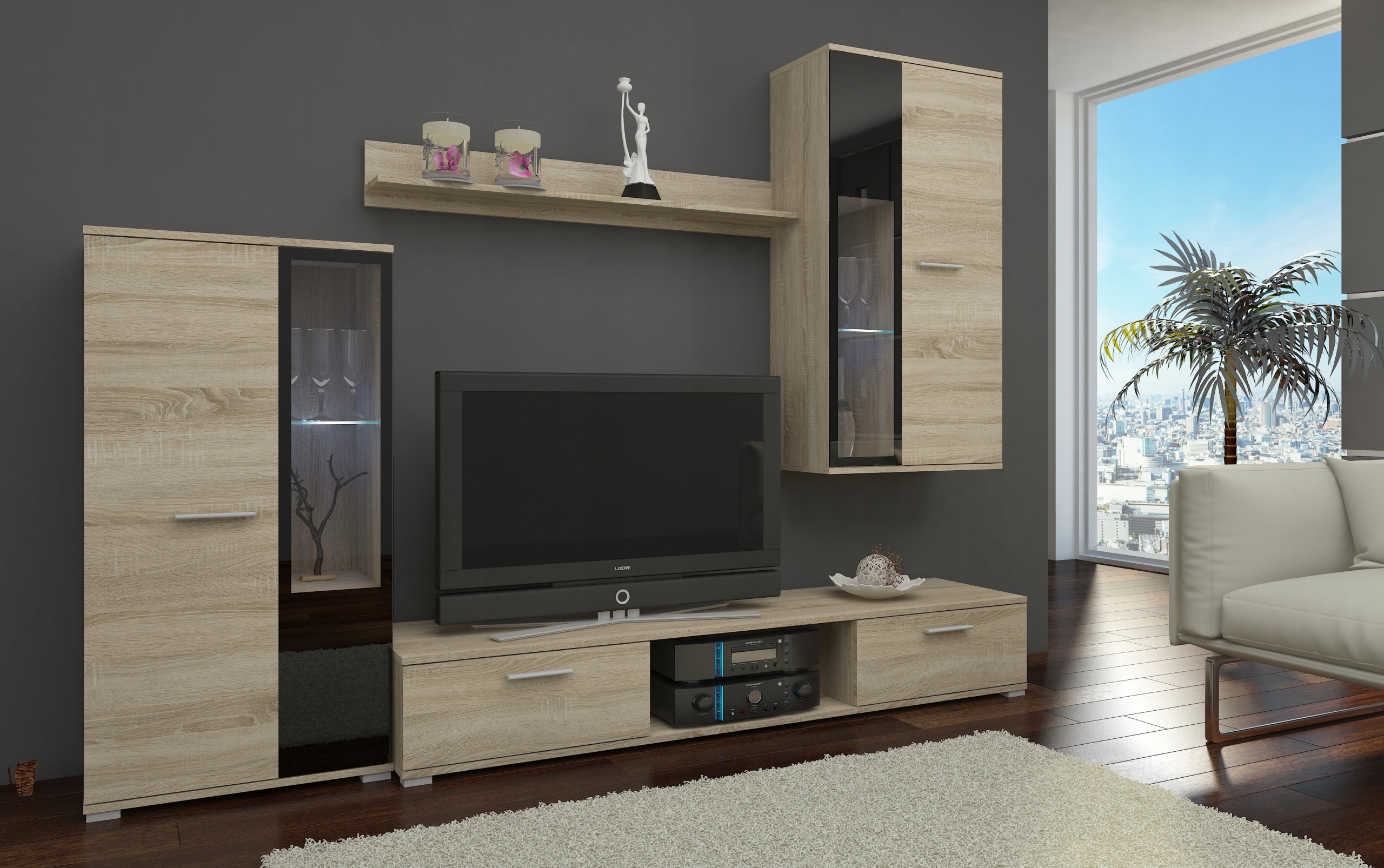 Moderní Nábytková Stěna do pokoje možnost komody. Dub Sonoma a další.