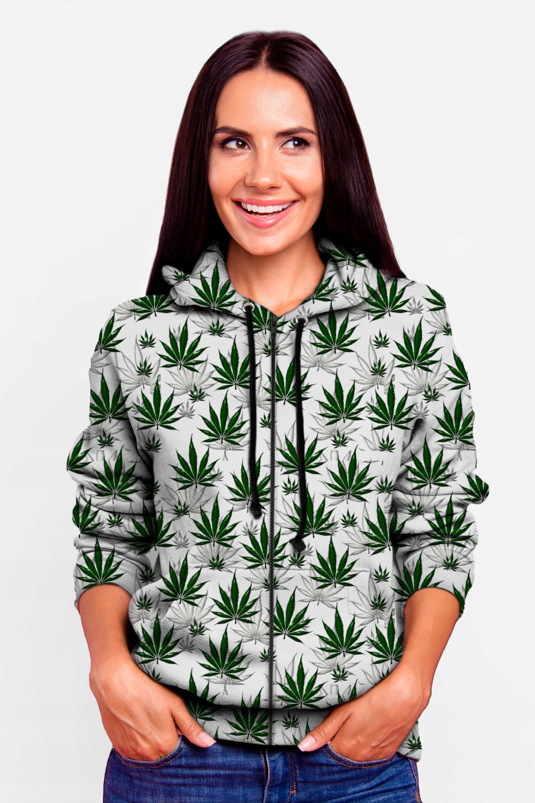 

Bluza Damska Zamek Print S Trawka Biała Stylowa