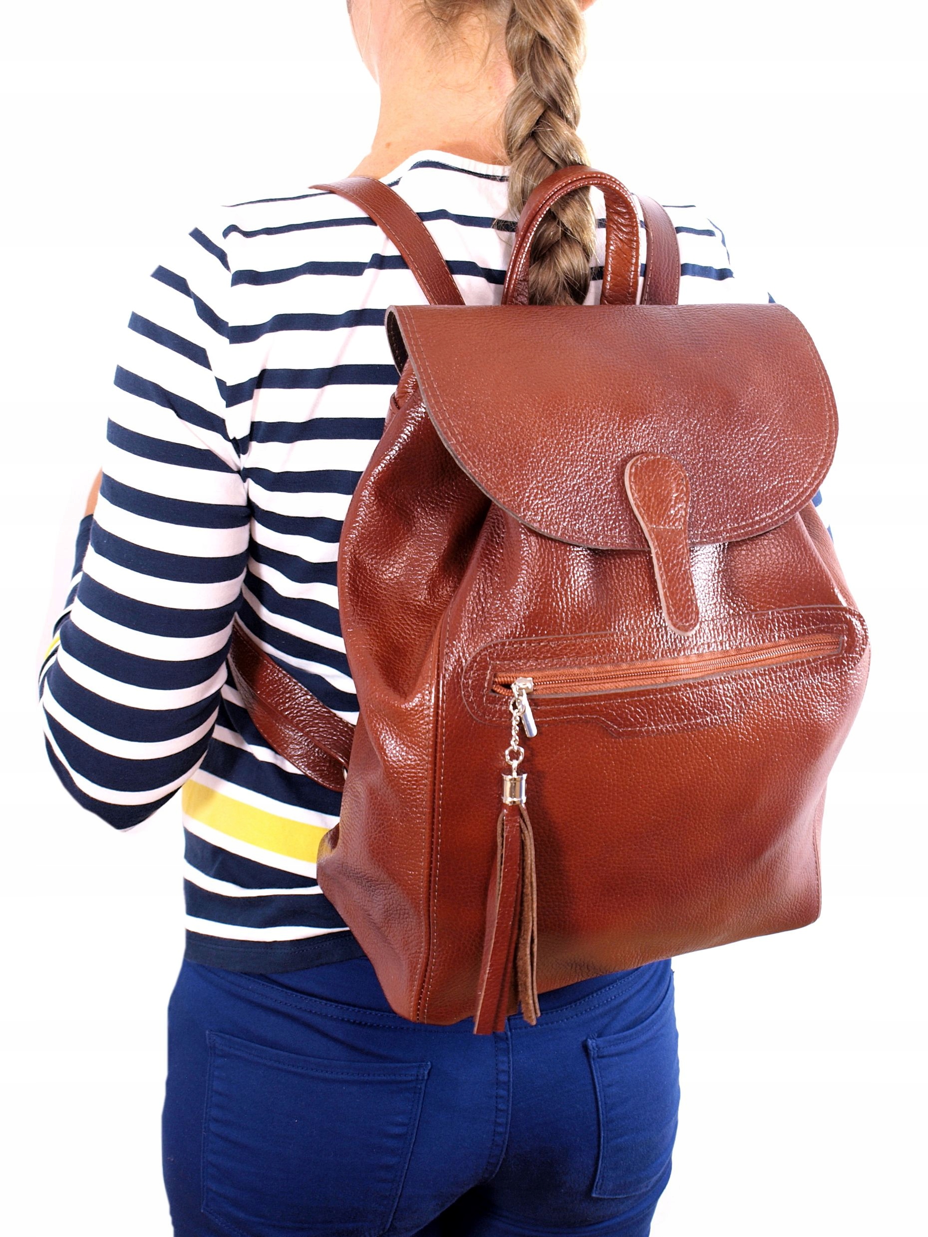 Torebka PLECAK SKÓRZANY KASZTANOWY z frędzlem Zapięcie troczek