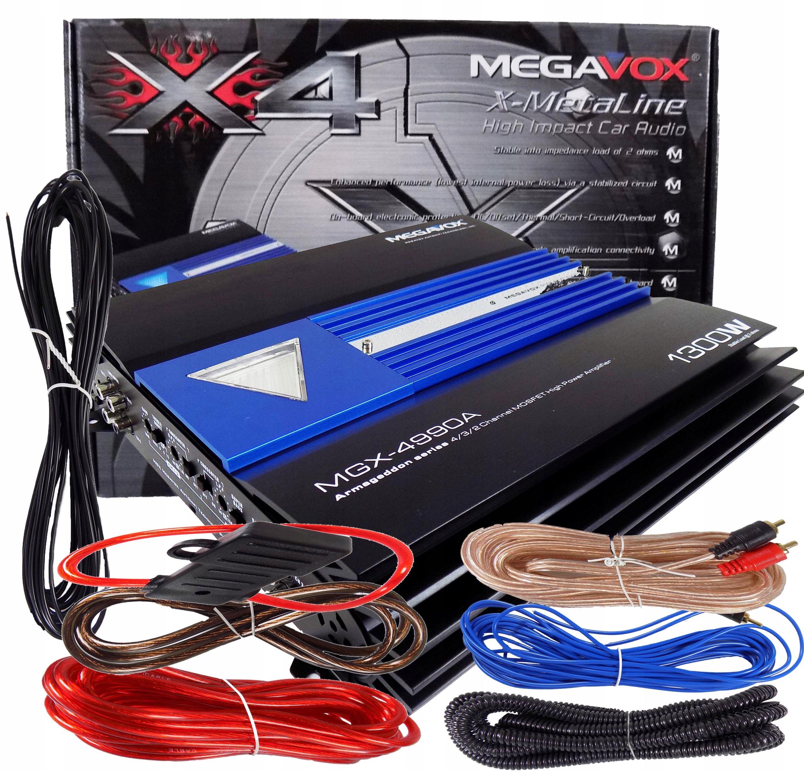 4900 - MEGAVOX АВТОМОБІЛЬНИЙ ПІДСИЛЮВАЧ 1300W MOSFET КАБЕЛІ