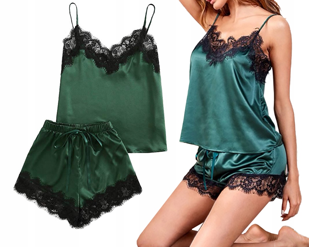 KOMPLET SATYNOWA PIŻAMA DAMSKA KOSZULKA NA RAMIĄCZKACHSPODENKI Z KORONKĄ