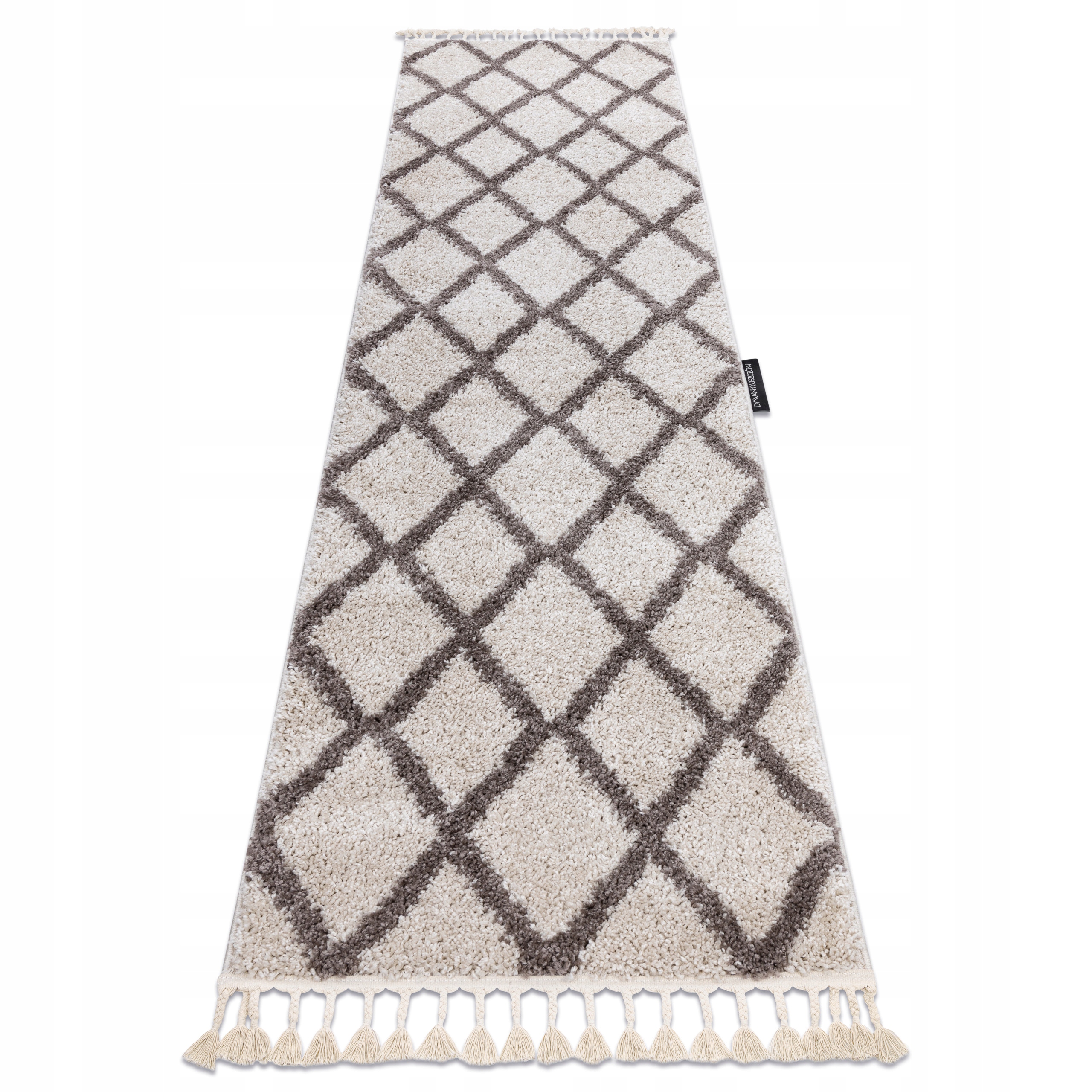 Dywan Chodnik Berberyjski 60x200 Etno Romby krem Shaggy Frędzle #GR3533