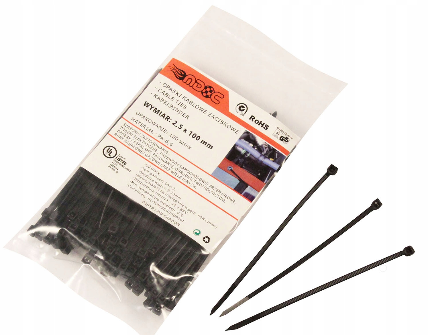MDC ZIP-Clamps opaski zaciskowe kablowe Uv 100x2,5 200szt. 2 opak.