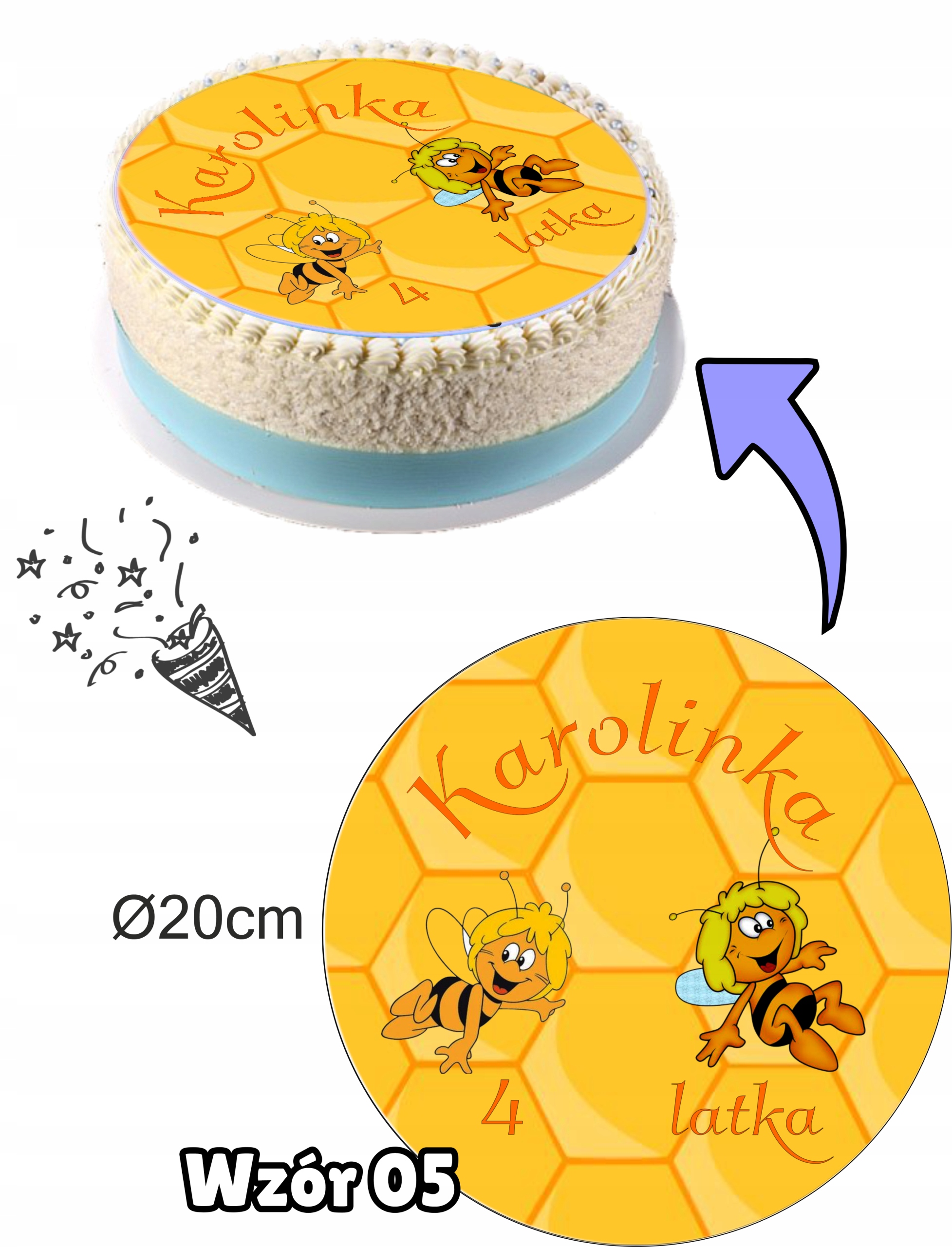 Opłatek Dekoracja na Tort PIERWSZE URODZINKI+imię Rodzaj ozdoby waflowe