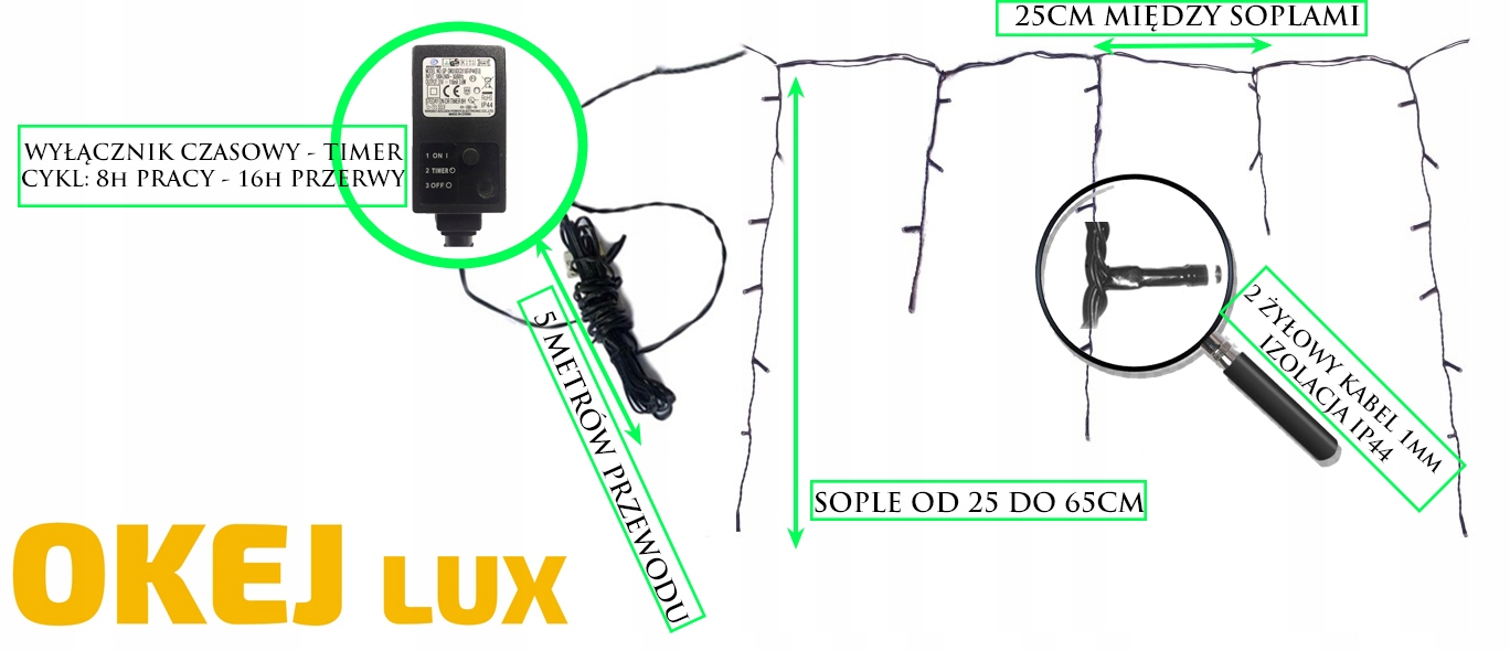 Sople Zewnętrzne 500 LED 25m 8 Funkcji Timer Motyw sople
