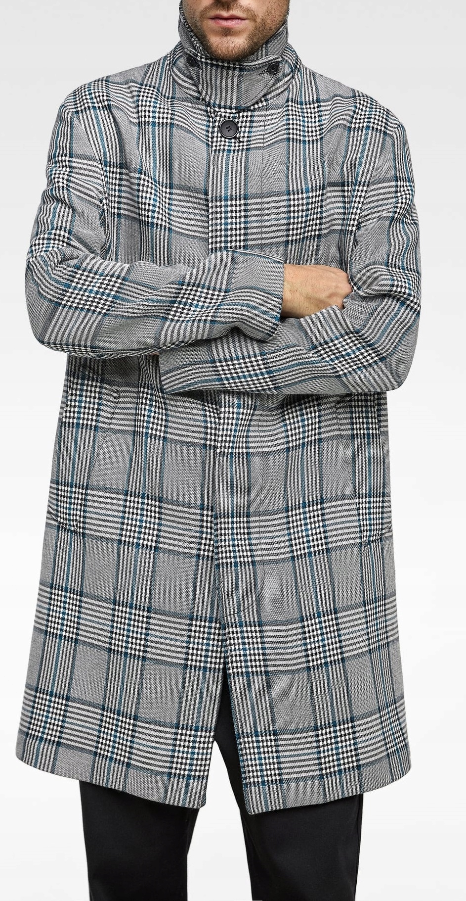 ZARA MAN PŁASZCZ TRENCZ SZARY KRATA L WIOSNA