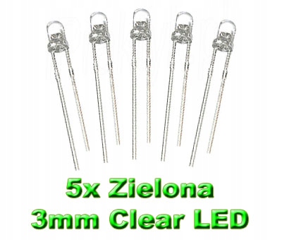 Komplet: 5 szt. Dioda Zielona 5x Clear LED 3mm 24h