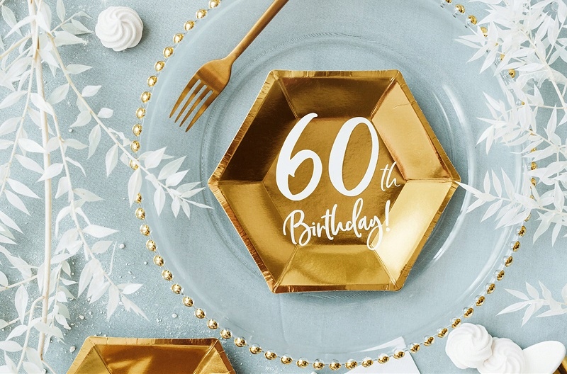 TALERZYKI ZŁOTE 60TH BIRTHDAY SZEŚĆDZIESIĄTKA 6SZT Motyw Sześćdziesiątka