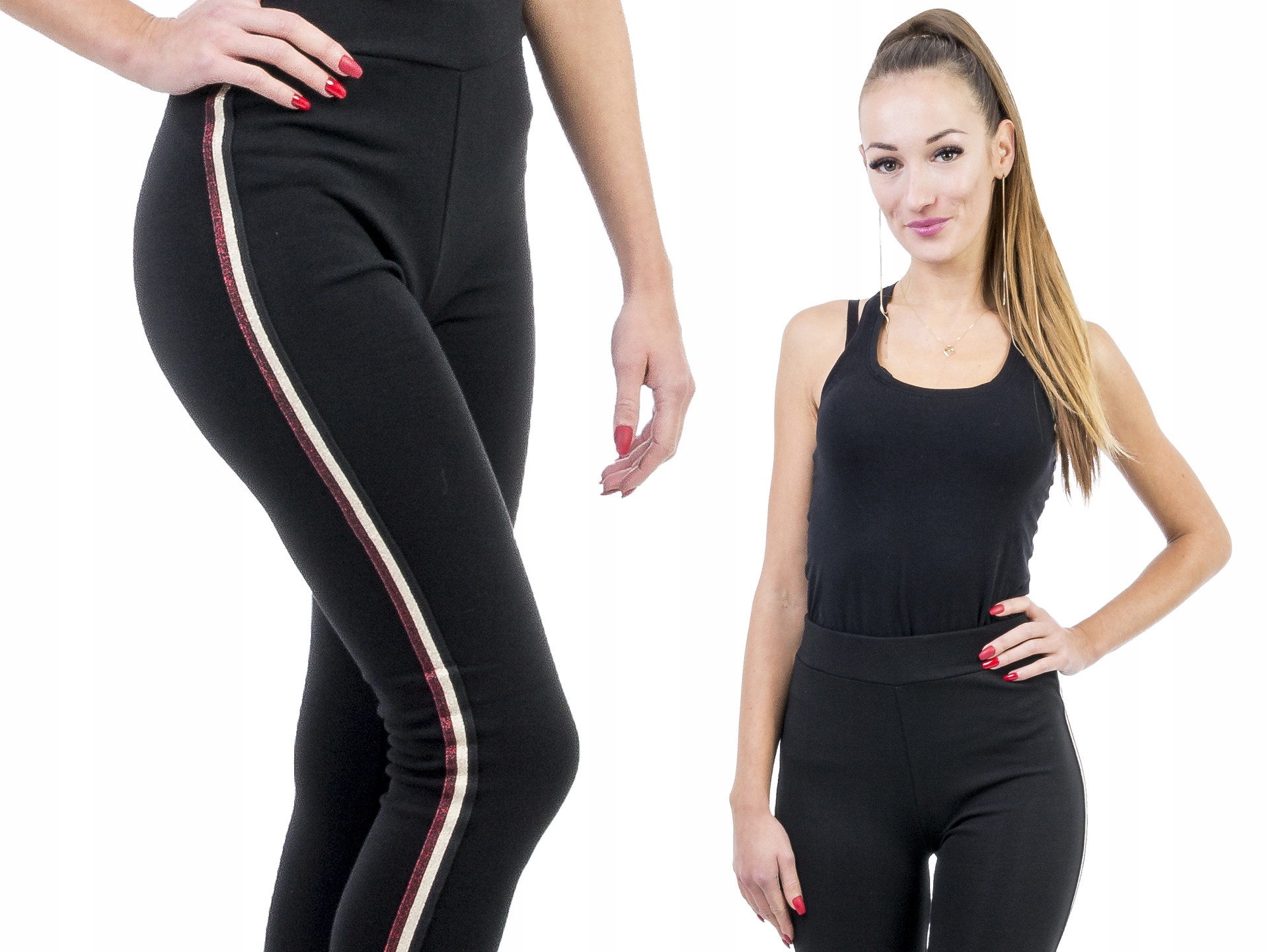 

S240 Spodnie Leginsy z Lampasem Brokat Czarny L/XL