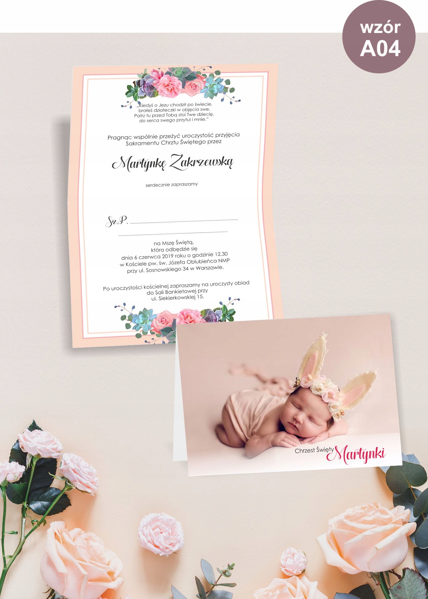 ZAPROSZENIA NA CHRZEST ze zdjęciem + koperta Szerokość produktu 14 cm