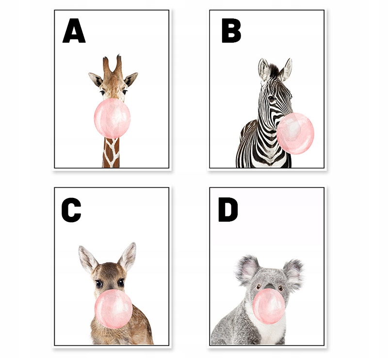 Plakaty dla Dzieci Zwierzęta Balon Guma Zebra A3