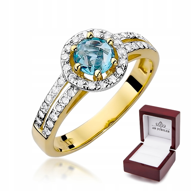 

Złoty 585 Pierścionek Topaz Diament Grawer Prezent
