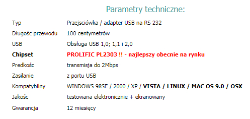 TESTOWANY ADAPTER USB RS 232 COM DB9M PL-2303 PRO EAN (GTIN) 5907621802462